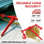 3/8" to 1/2" Ratchet Chain Binder with G80 5400 lbs Safe Working Load 3/8" X 10FT Binder Chain，with Grappling G70 Hook, Tie Down Hauling Chain Binders for Flatbed Truck Trailer