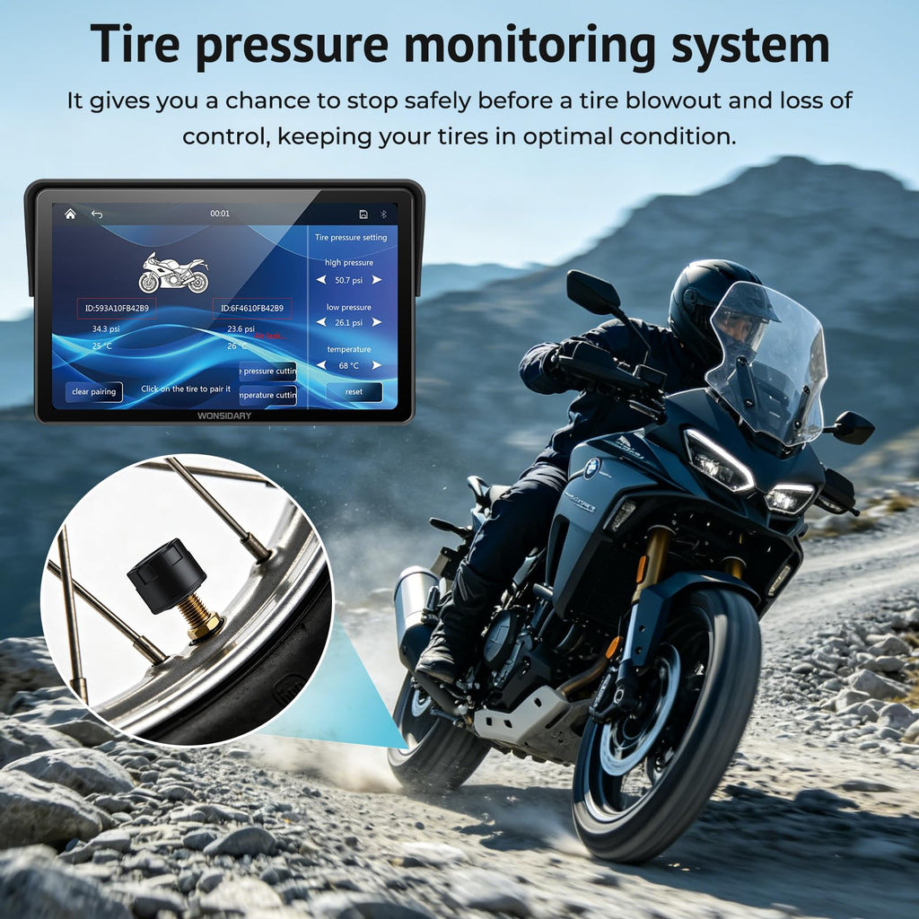 W722TPMS 7" Wireless Motorcycle CarPlay & Android Auto with TPMS