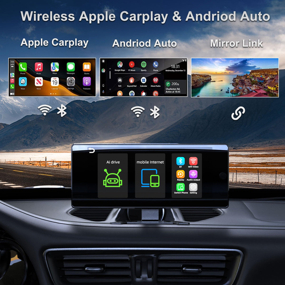 Wireless Carplay with 4K 4CH Dash Cam, Portable HD 10.36" Touchscreen