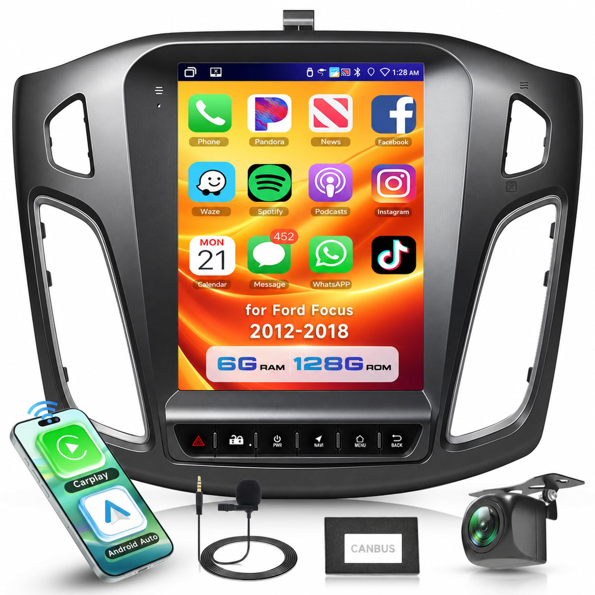 4G+64G Car Radio for Ford Focus 2012-2018 with Wireless CarPlay Android Auto, 9.7 Inch Touchscreen Android Car Stereo with GPS WiFi Mirror Link SWC Bluetooth FM RDS 32EQ Backup Camera