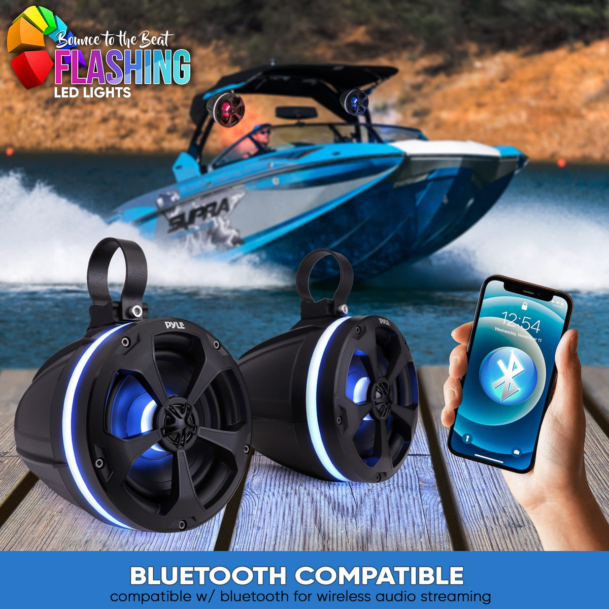 Pyle 1000W Amplified Off-Road Audio System with RGB Lighting, Bluetooth Streaming & Universal Mounts - Waterproof Bluetooth Speaker with Dual 5.25 Marine Speakers for ATV & UTV Use