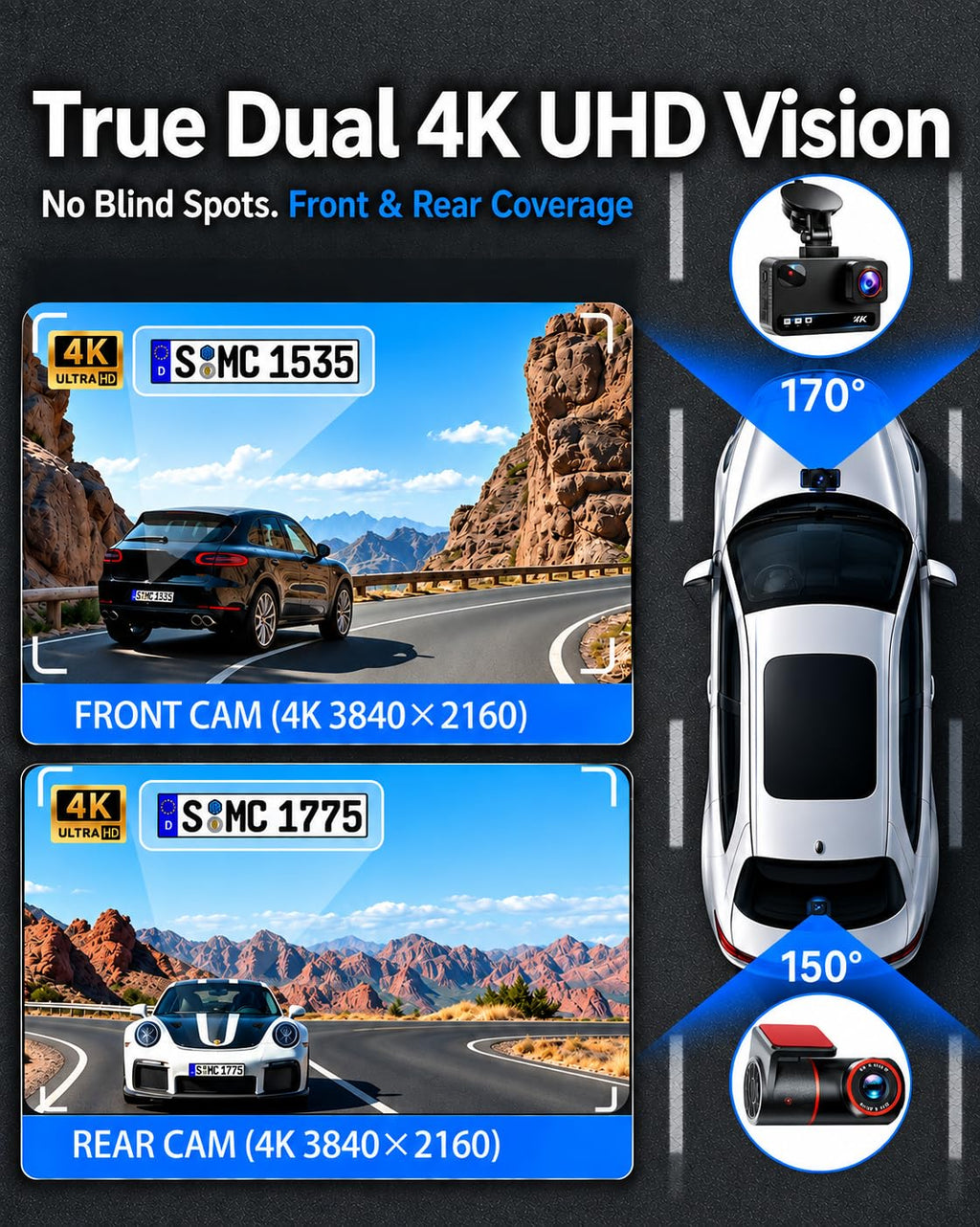 Dash Cam Front and Rear, 4K+4K Car Dash Camera, Free 128GB Card,5.8GHz WiFi