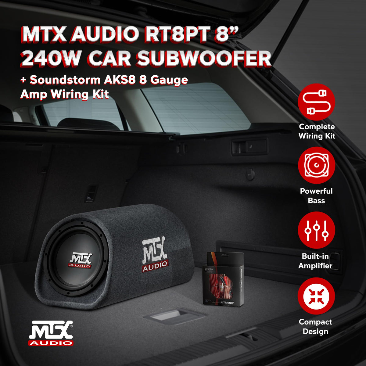 MTX RT8PT 8" Amplified Vented Tube Box Subwoofer & Wiring Kit