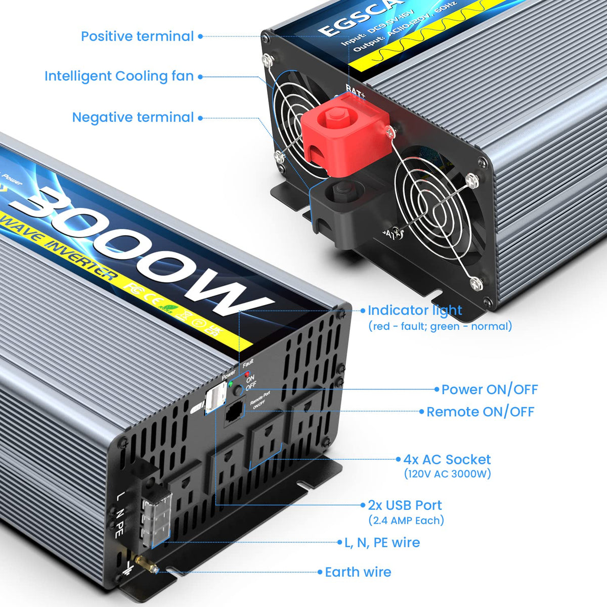 12V 3000W Pure Sine Wave Inverter 12V DC to 110V/120V AC Converter with 4AC Outlets, 5V/3.4A USB, Remote Control with on-Screen Display, Off-Grid Solar Power Inverter for Truck, Home, Vehicles, RV