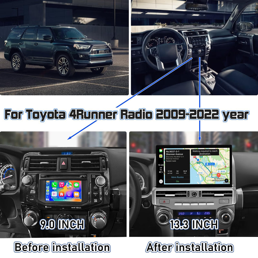Stereo Radio Dash Kit for Toyota 4Runner Radio 2009-2022, Silver Upper 13.3" Android Head Unit TS10, 4+32G, Wireless CarPlay & Android Auto GPS Navigation AHD Backup Camera