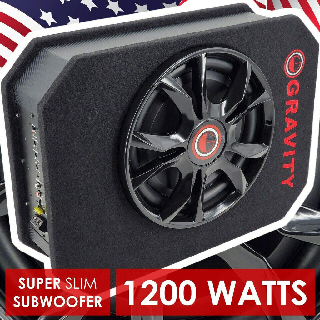 Gravity GSC-W12P 1200 Watts Max Power 600W RMS 12 Inch Car Audio Compact Under Seat Slim Powered Stereo Subwoofer Enclosure 12" Elite Sub Great for All Vehicles