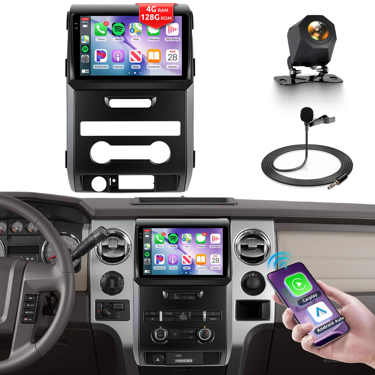 4G+128G Car Radio for Ford F150 2009 2010 2011 2012 with Wireless CarPlay Android Auto, 9 Inch Touchscreen Android Car Stereo with GPS WiFi Mirror Link SWC Bluetooth AM/FM EQ Backup Camera