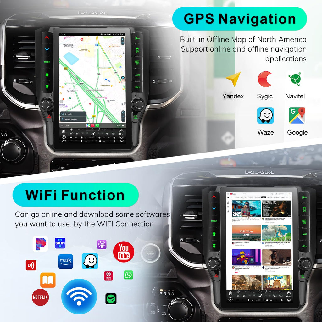 8 Cores 6+128G Radio Upgrade, 2019-2024 for Dodge Ram 1500 2500 3500 Truck Radio Upgrade,12.1 inch Vertical Touchscreen Support Wireless CarPlay Android Auto GPS Bluetooth FM SWC