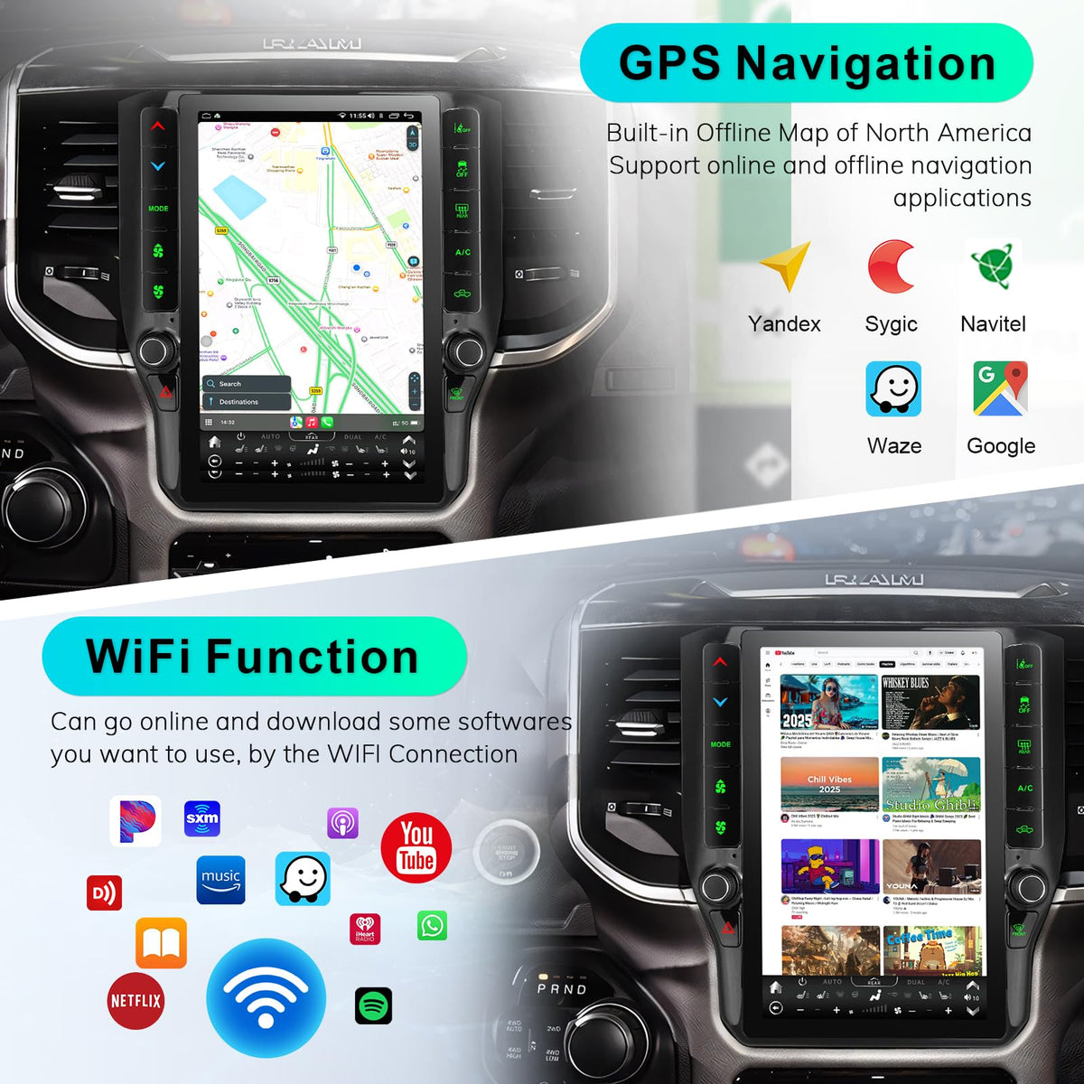 8 Cores 6+128G Radio Upgrade, 2019-2024 for Dodge Ram 1500 2500 3500 Truck Radio Upgrade,12.1 inch Vertical Touchscreen Support Wireless CarPlay Android Auto GPS Bluetooth FM SWC