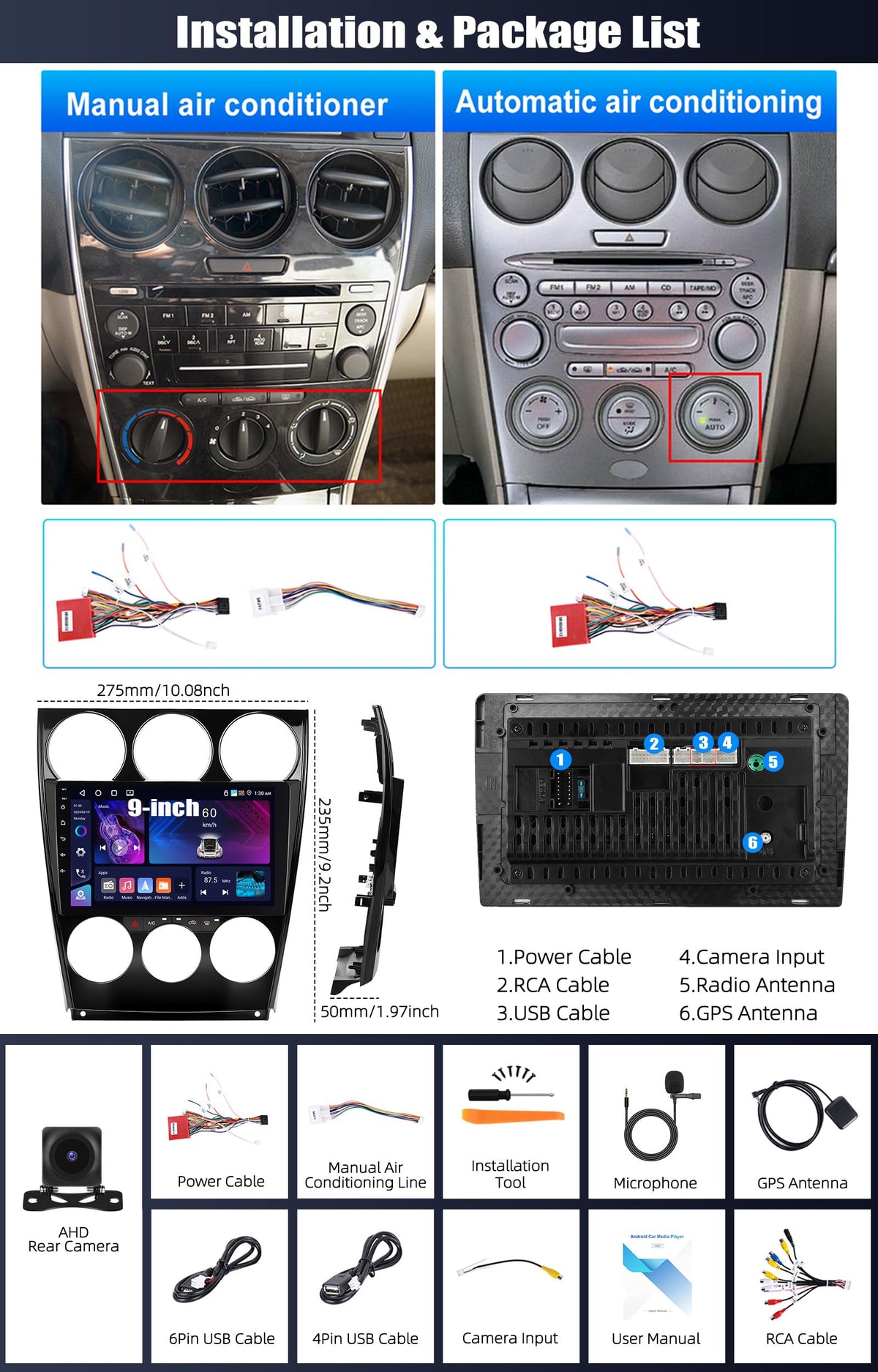 SIXTOP 4G+64G Android Car Stereo Radio for Mazda 6 2002-2008 Wireless Carplay Android Auto 9 Inch Touchscreen GPS Bluetooth 5.0 Head Unit WiFi 6 FM/RDS EQ SWC AHD Backup Camera