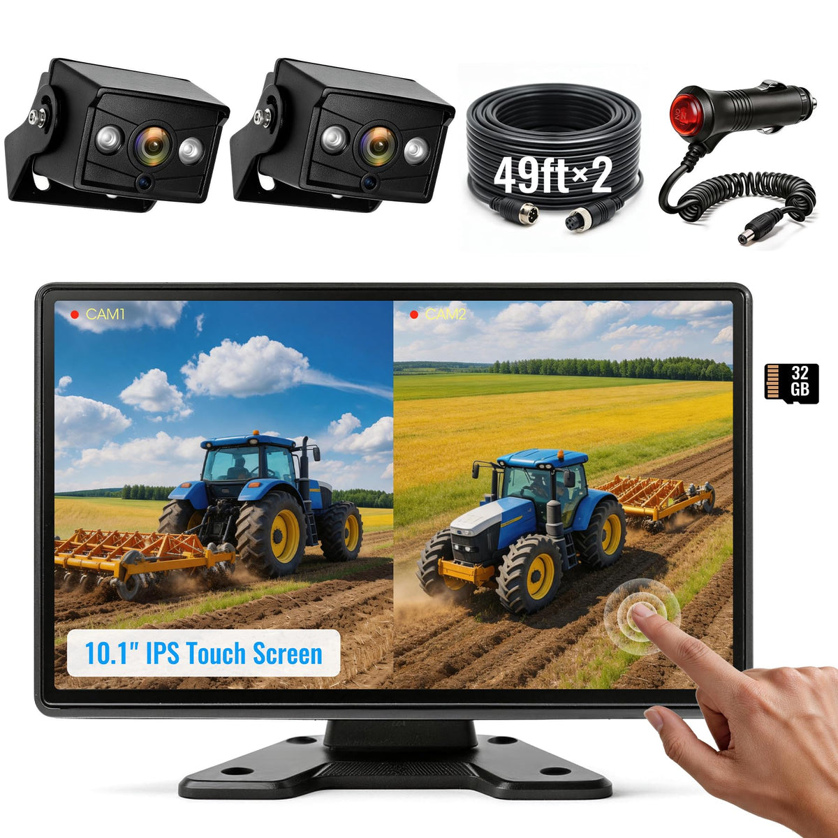 10.1" DVR IPS Touchscreen & 2 AHD Wired Backup Cameras, IP69K Water/Dust Proof Rear Camera, 1080P Quad Split Screen & 20G Vibration-Proof Camera for Hitching, Farm Work, UTV, Tractor, Trailer