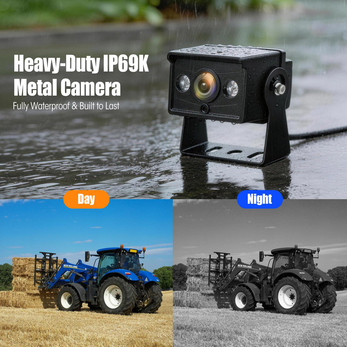 10.1" DVR IPS Touchscreen & 2 AHD Wired Backup Cameras, IP69K Water/Dust Proof Rear Camera, 1080P Quad Split Screen & 20G Vibration-Proof Camera for Hitching, Farm Work, UTV, Tractor, Trailer