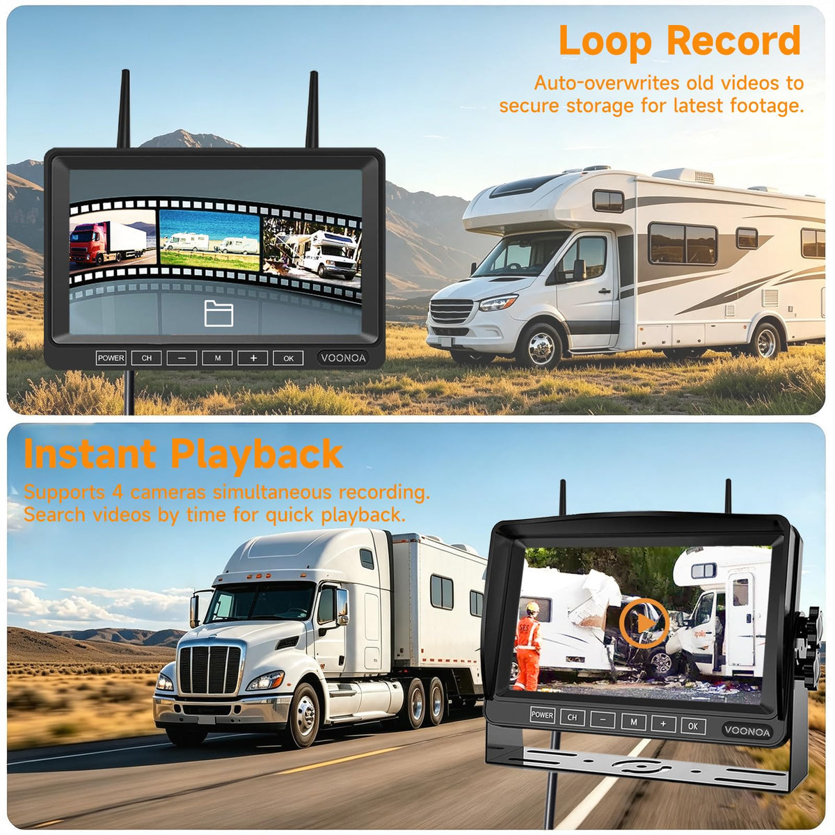 1080P Wireless RV Camera System, IP69 Waterproof Night Vision Backup Camera Side Rear View Camera with 7 Inch HD Monitor for RV Truck Trailer Camper