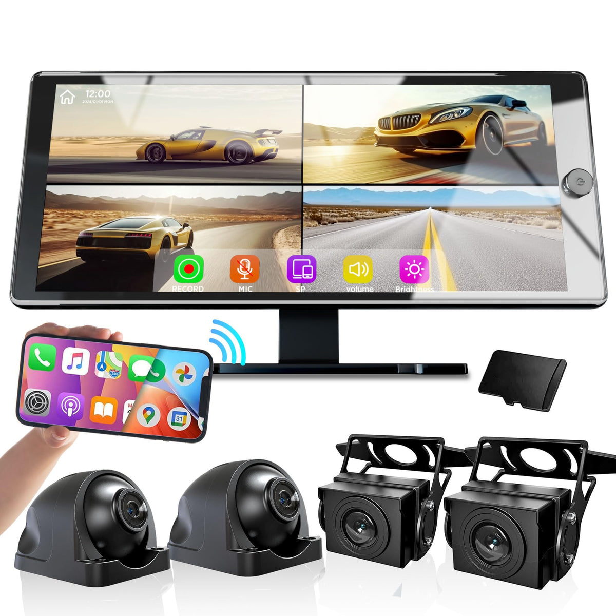 Wireless Carplay with 4K 4CH Dash Cam, Portable HD 10.36" Touchscreen