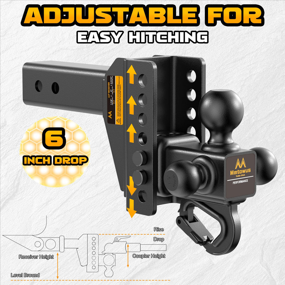 Adjustable Trailer Hitch -Drop Hitch Fit 2.5" Receiver-6" Drop/Rise