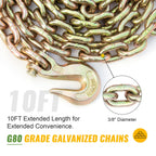Chain and Binder Kit 3/8in-1/2in, Ratchet Load Binders 9215 lbs Working Strength, Ratchet Load Binders and Chains Set of 4, 3/8in x 10ft G80 Chains Truck, Tie Down, Hauling, Towing
