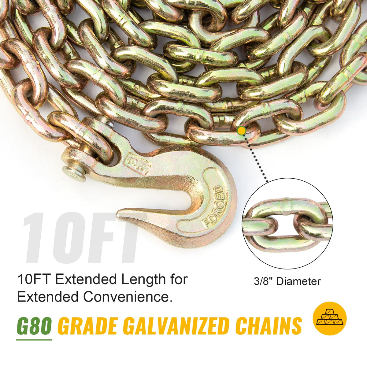 Chain and Binder Kit 3/8in-1/2in, Ratchet Load Binders 9215 lbs Working Strength, Ratchet Load Binders and Chains Set of 4, 3/8in x 10ft G80 Chains Truck, Tie Down, Hauling, Towing