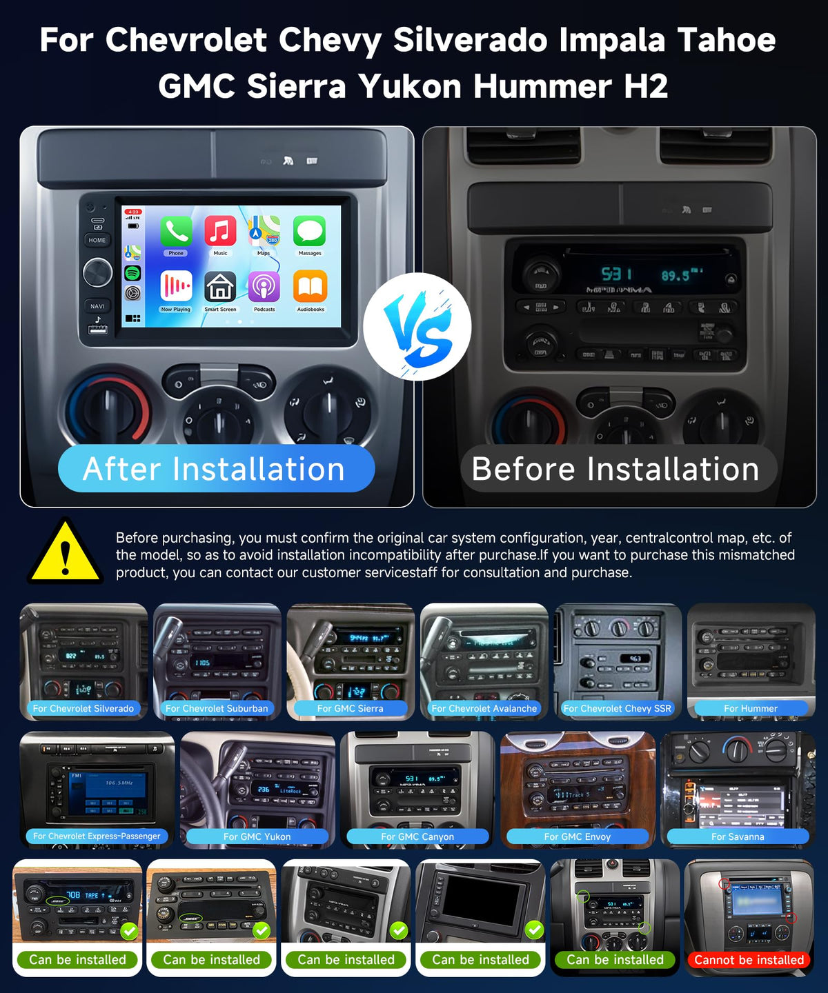8Core 4+64G Car Stereo for Chevrolet Chevy Silverado Impala Tahoe GMC Sierra Yukon Hummer H2 Android Car Radio 5G WiFi Wireless Carplay Android Auto,7” IPS,GPS,SWC,Bluetooth,Backup Camera for B-OSE