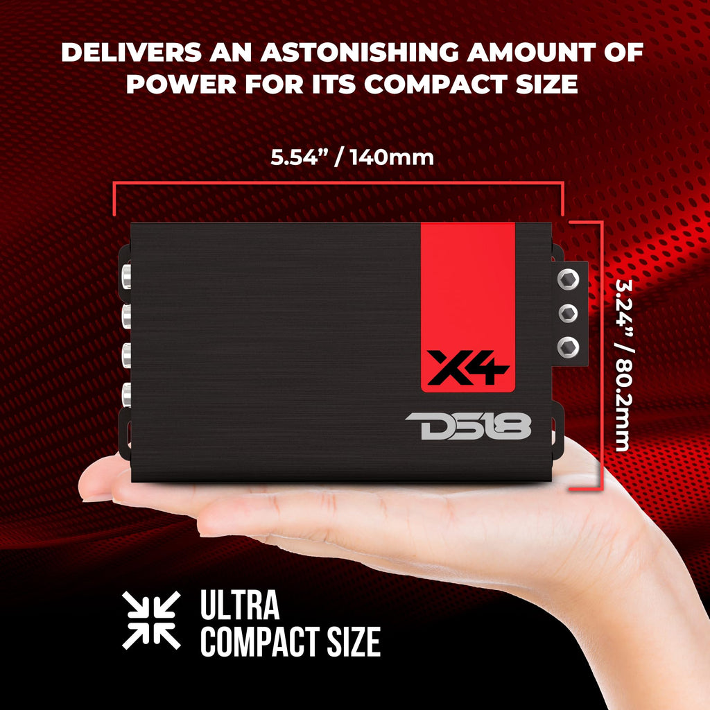 DS18 X4 Amplifier 4-Channel Ultra Compact Class D 4 x 70 Watts RMS @ 4-ohm, Stereo Full Range, Car Audio Amplifier, Great Compact Amp for Motorcycle, Powersports