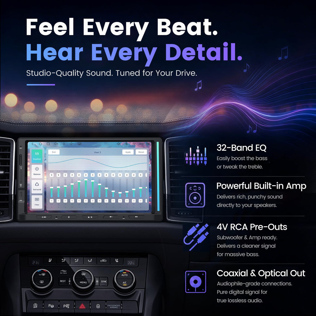 S8 Gen4 7" Android Double DIN Car Stereo with 4G LTE, Wireless CarPlay & Android Auto, QLED Touchscreen, DSP 4V Pre-Outs, Optical Out, HDMI in/Out, GPS Tracker, LED Sync Bar, S84G2D7PB