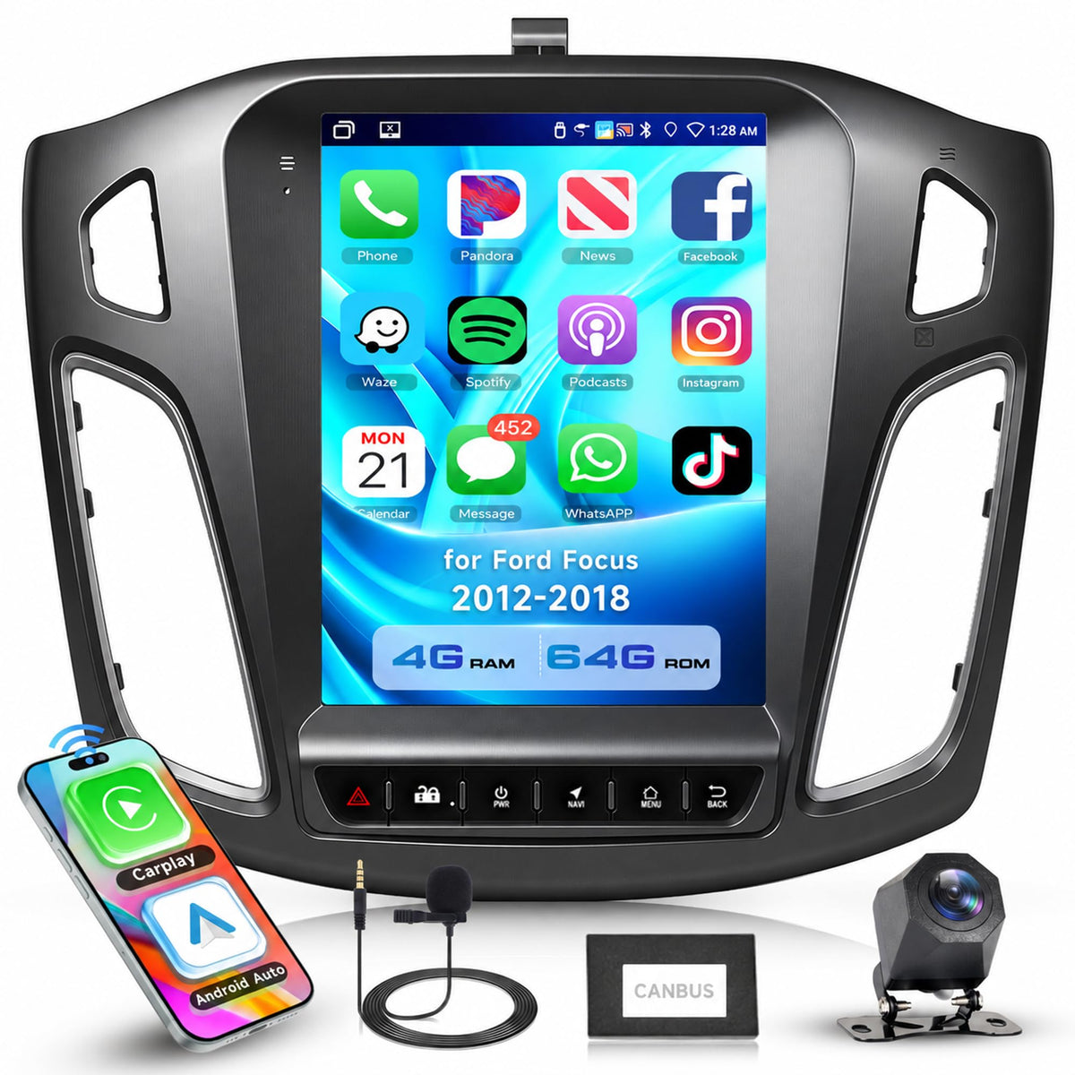 4G+64G Car Radio for Ford Focus 2012-2018 with Wireless CarPlay Android Auto, 9.7 Inch Touchscreen Android Car Stereo with GPS WiFi Mirror Link SWC Bluetooth FM RDS 32EQ Backup Camera