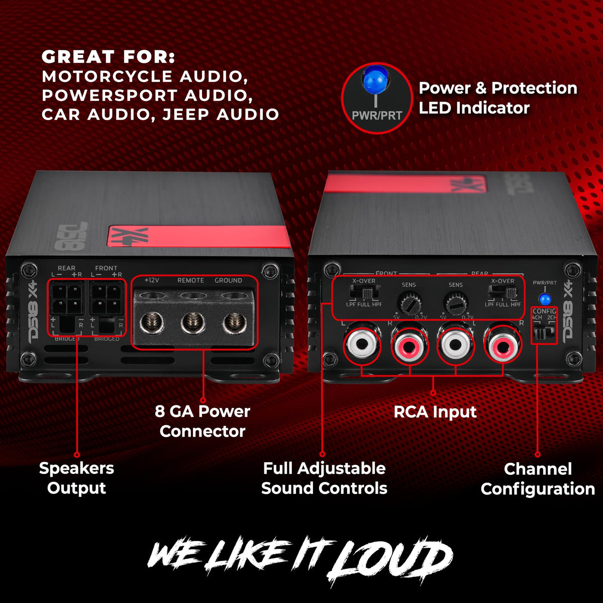 DS18 X4 Amplifier 4-Channel Ultra Compact Class D 4 x 70 Watts RMS @ 4-ohm, Stereo Full Range, Car Audio Amplifier, Great Compact Amp for Motorcycle, Powersports