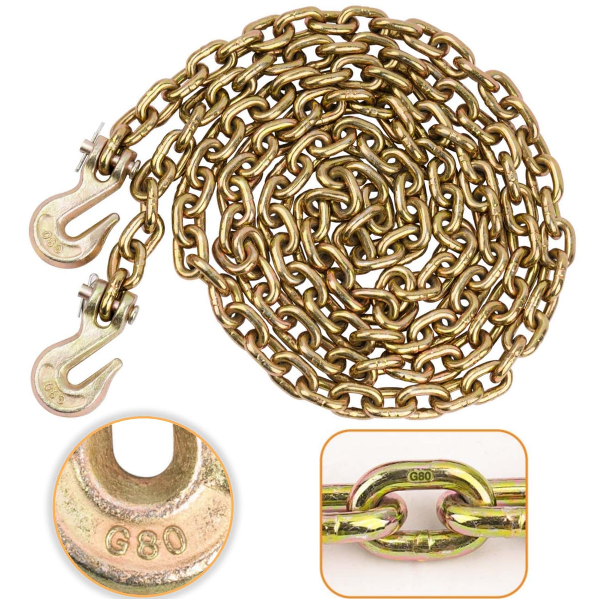 G80 Chain, 1/2" x 20' Safety Chain w/Grade 80 Clevis Grab Hooks