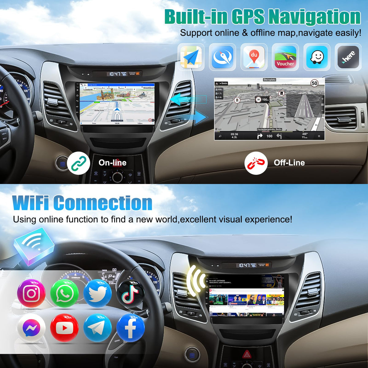 SIXTOP Canbus Included 2+64G Android Car Stereo Radio for Hyundai Elantra 2014-2016 Wireless CarPlay Android Auto 9 Inch Touchscreen Bluetooth GPS Head Unit FM/RDS WiFi EQ SWC AHD Rear Camera