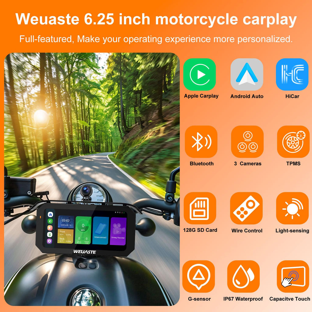 6.25' Motorcycle Carplay with Three Dash Cam (Inclues 128G SD),TMPS,GPS Navigation with Wireless Android Auto,Waterproof Touchscreen,Support Siri,Google Assistant,Anti-Glare,Bluetooth