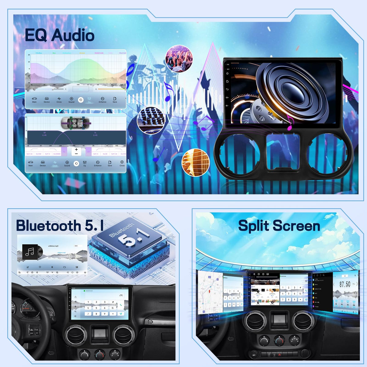 8 Core 4+64G Qualcomm Radio for Jeep Wrangler 2011 2012 2013 2014, Android Wrangler Car Stereo 10.1 inches Touch Screen/Carplay/Android Auto/Bluetooth 5.1/SWC/FM RDS