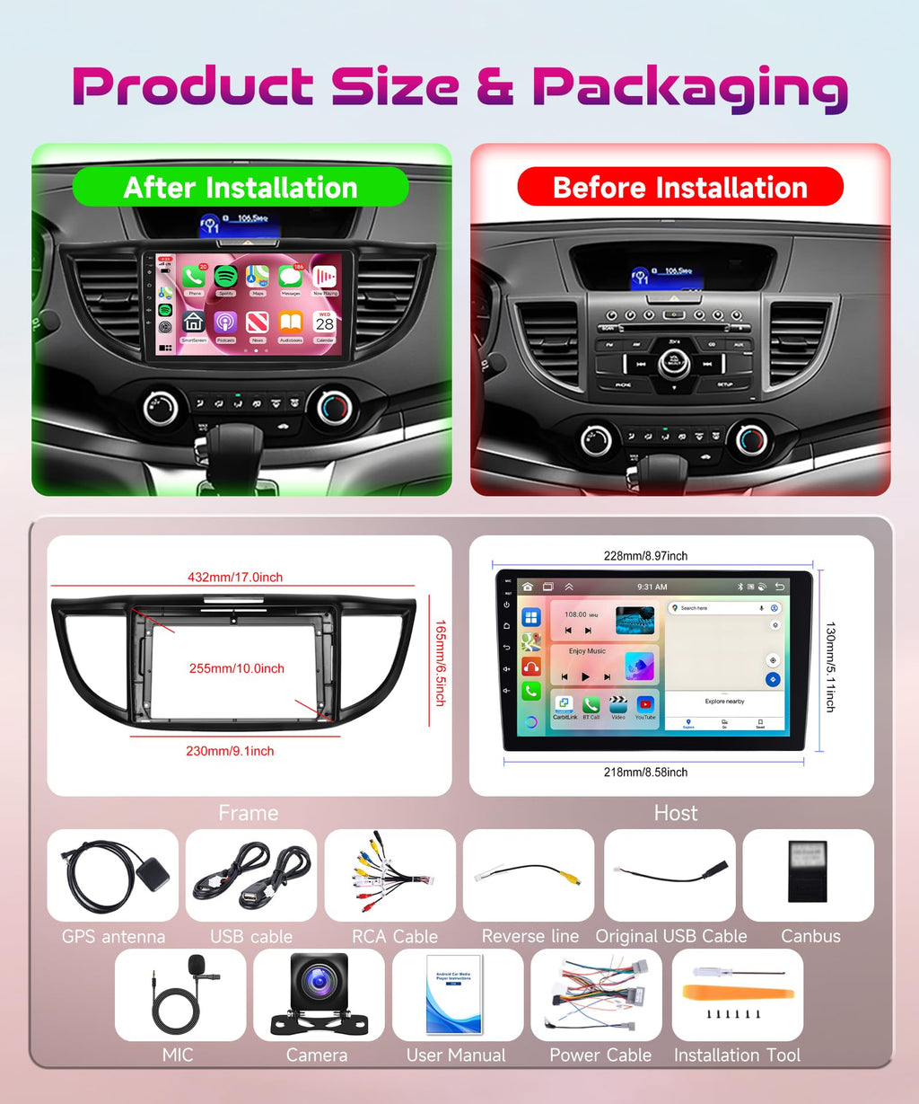 8 Core 6G+128G Android Car Radio for Honda CRV 2012-2016 with Wireless CarPlay Android Auto, 9” Touchscreen Car Stereo Mirror Link GPS WiFi Bluetooth FM RDS DSP EQ SWC Backup Camera