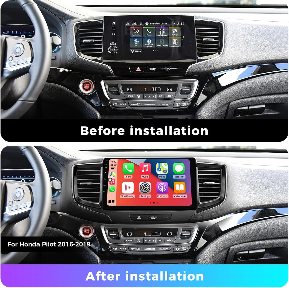 10" Android Car Stereo for Honda Pilot 2016-2019, Wireless CarPlay & Android Auto, Touchscreen GPS Navigation, Bluetooth, WiFi & Backup Camera, 4+64G