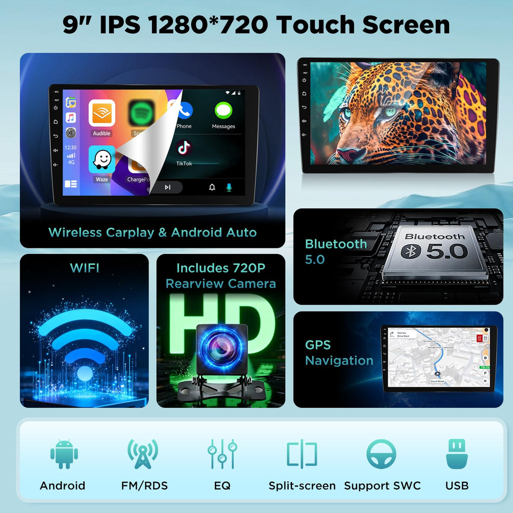 Car Radio for Ford Mustang 2015 2016 2017 2018 2019 2020, [2+64] 9 inch Android Touchscreen Stereo with Carplay/Android Auto, GPS Navigation, WiFi, Bluetooth 5.0, SWC, FM/RDS