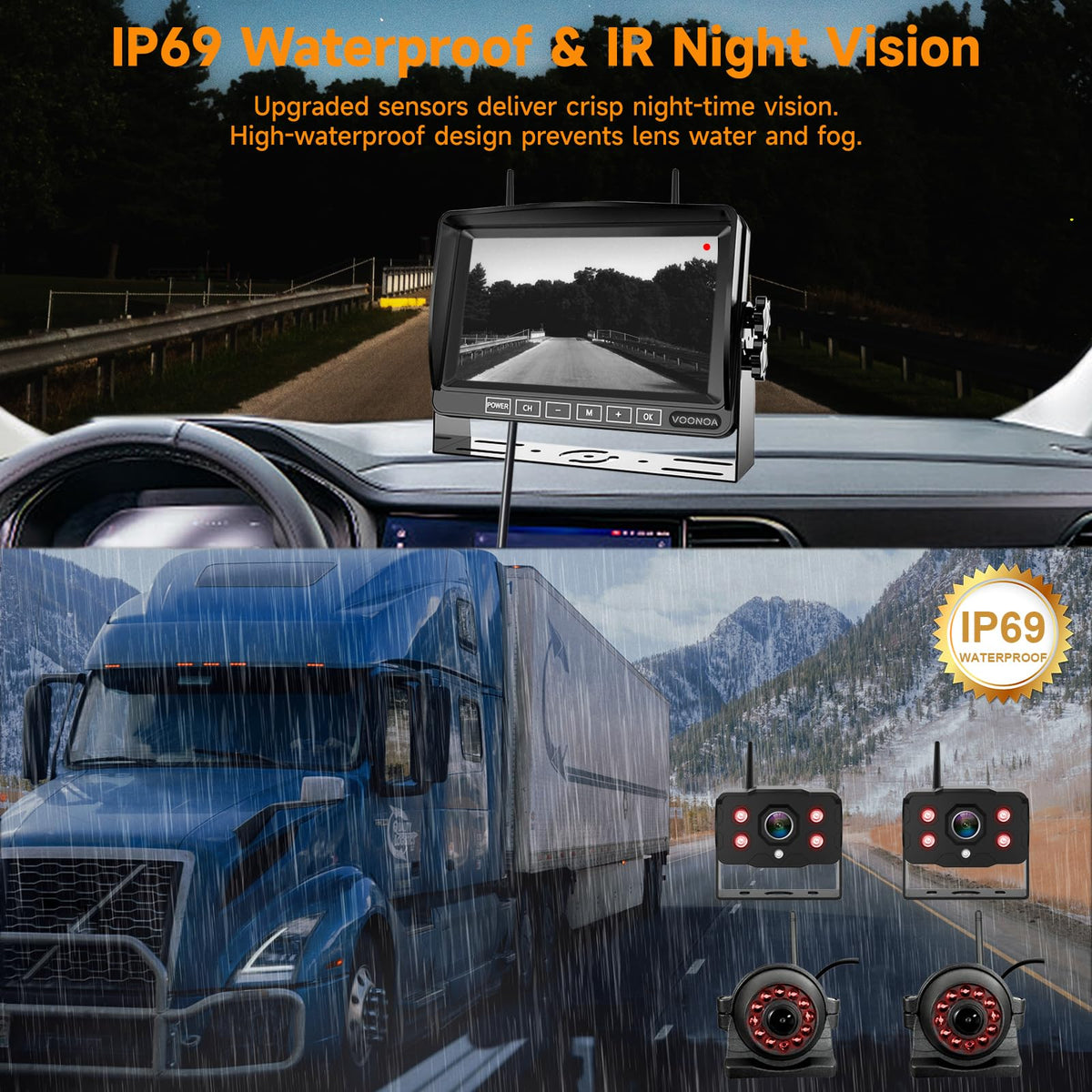 1080P Wireless RV Camera System, IP69 Waterproof Night Vision Backup Camera Side Rear View Camera with 7 Inch HD Monitor for RV Truck Trailer Camper
