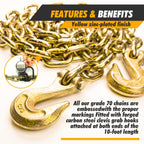 Chain Binder 3/8" -1/2" Grade 70 and 3/8"×10ft Chains Includes (4) Binders and (4) Chains for Industrial Agricultural Towing Applications in Chain and Binder Kit