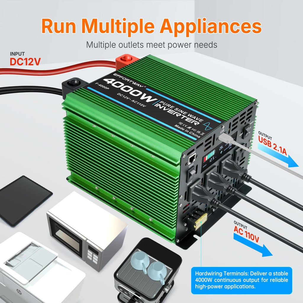 4000W Pure Sine Wave Power Inverter, 12V DC to 110V/120V Inverter with 4 AC Outlets, USB Port, Hardwire Port, Remote Controller, Car Converter for RV, Truck, Boat, Camping, Off-Grid