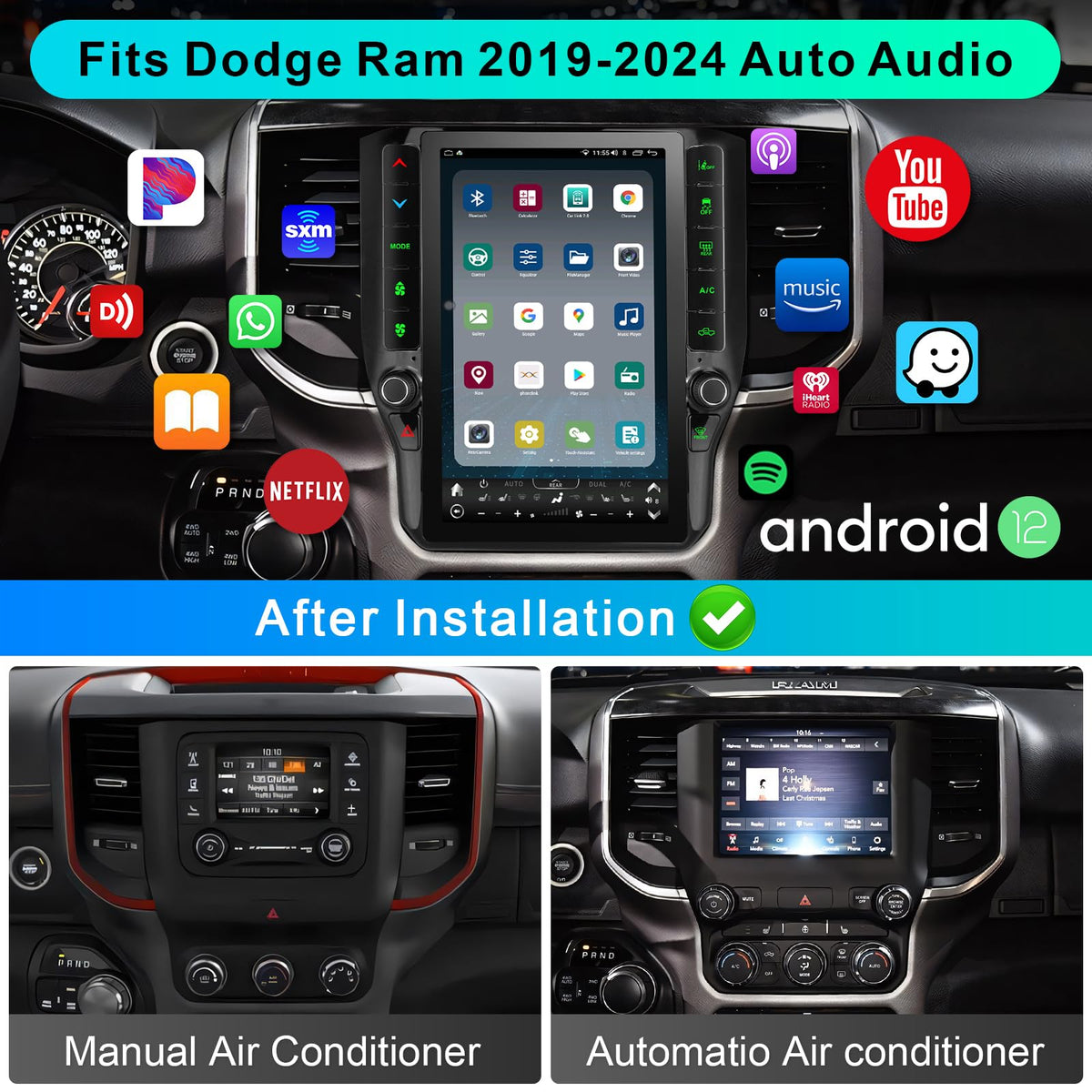 8 Cores 6+128G Radio Upgrade, 2019-2024 for Dodge Ram 1500 2500 3500 Truck Radio Upgrade,12.1 inch Vertical Touchscreen Support Wireless CarPlay Android Auto GPS Bluetooth FM SWC