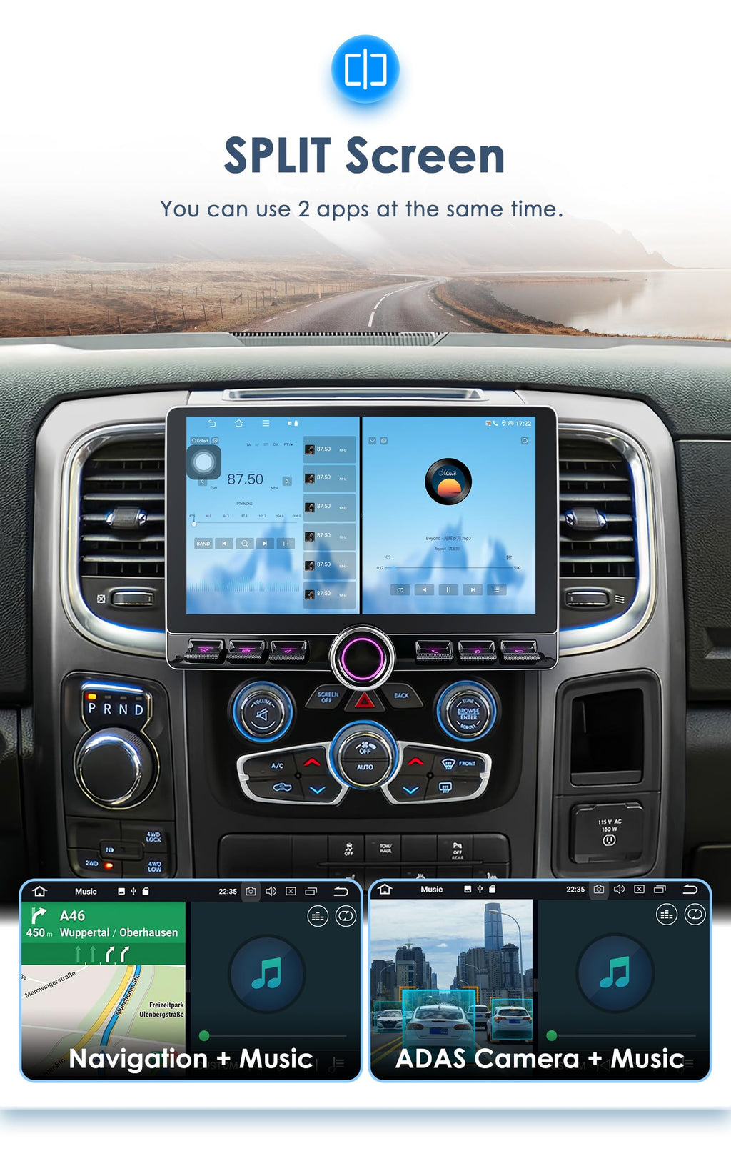 10.2“ HD 4GB+ 64GB Android15 Car Radio Stereo for Dodge Ram 1500 2500 3500 2013-2018 Volume Knob Keybutton Wireless Carplay/Android Auto Steering Wheel Control Bluetooth(Auto AC)