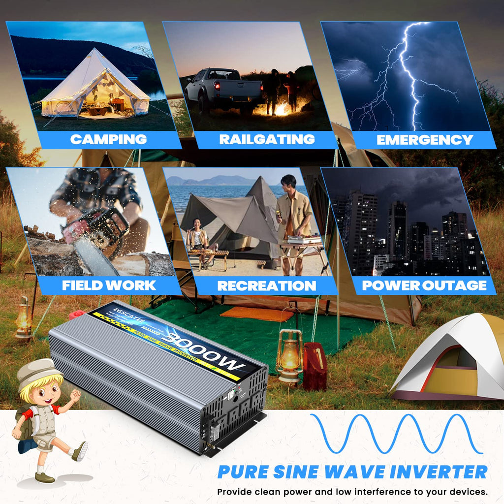 12V 3000W Pure Sine Wave Inverter 12V DC to 110V/120V AC Converter with 4AC Outlets, 5V/3.4A USB, Remote Control with on-Screen Display, Off-Grid Solar Power Inverter for Truck, Home, Vehicles, RV