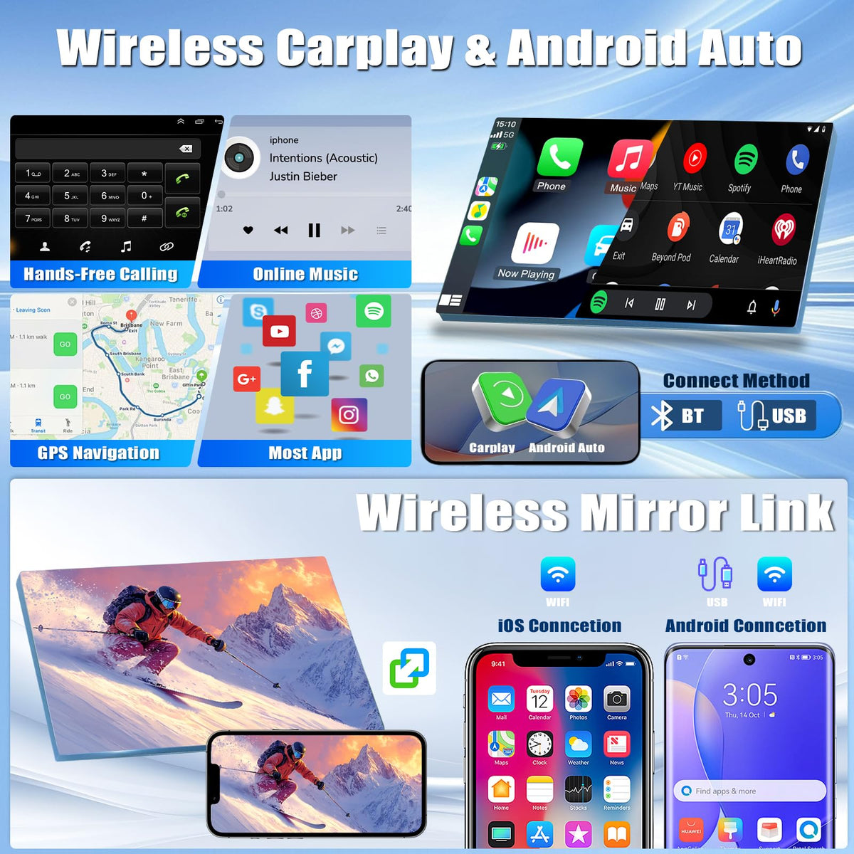 9.7‘’ Car Stereo Radio for Chevrolet Chevy Silverado Avalanche Suburban Tahoe 2007-2014, for GMC Sierra Yukon 2007-2013 with Wireless Carplay Android Auto, GPS, WiFi, BT, EQ, FM, SWC, MiC, Backup Cam