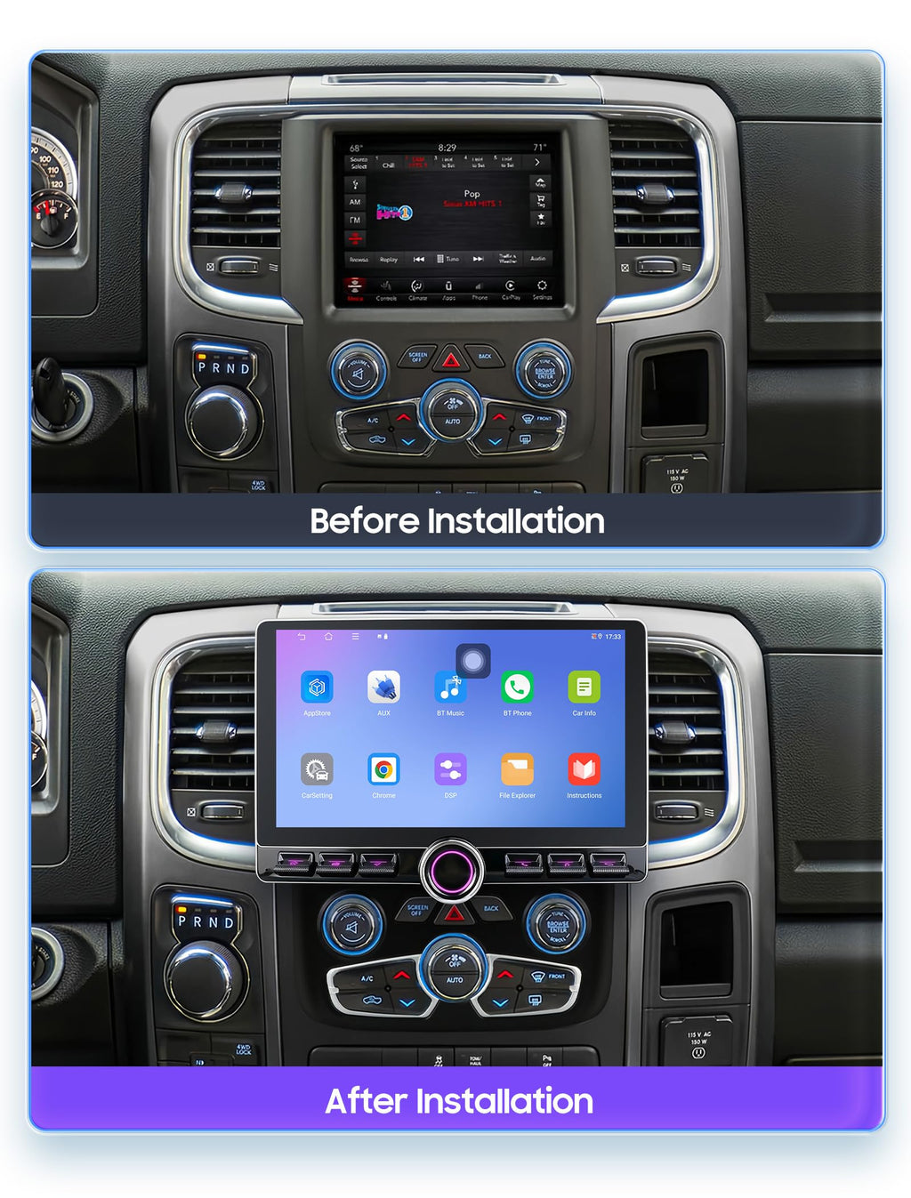 10.2“ HD 4GB+ 64GB Android15 Car Radio Stereo for Dodge Ram 1500 2500 3500 2013-2018 Volume Knob Keybutton Wireless Carplay/Android Auto Steering Wheel Control Bluetooth(Auto AC)
