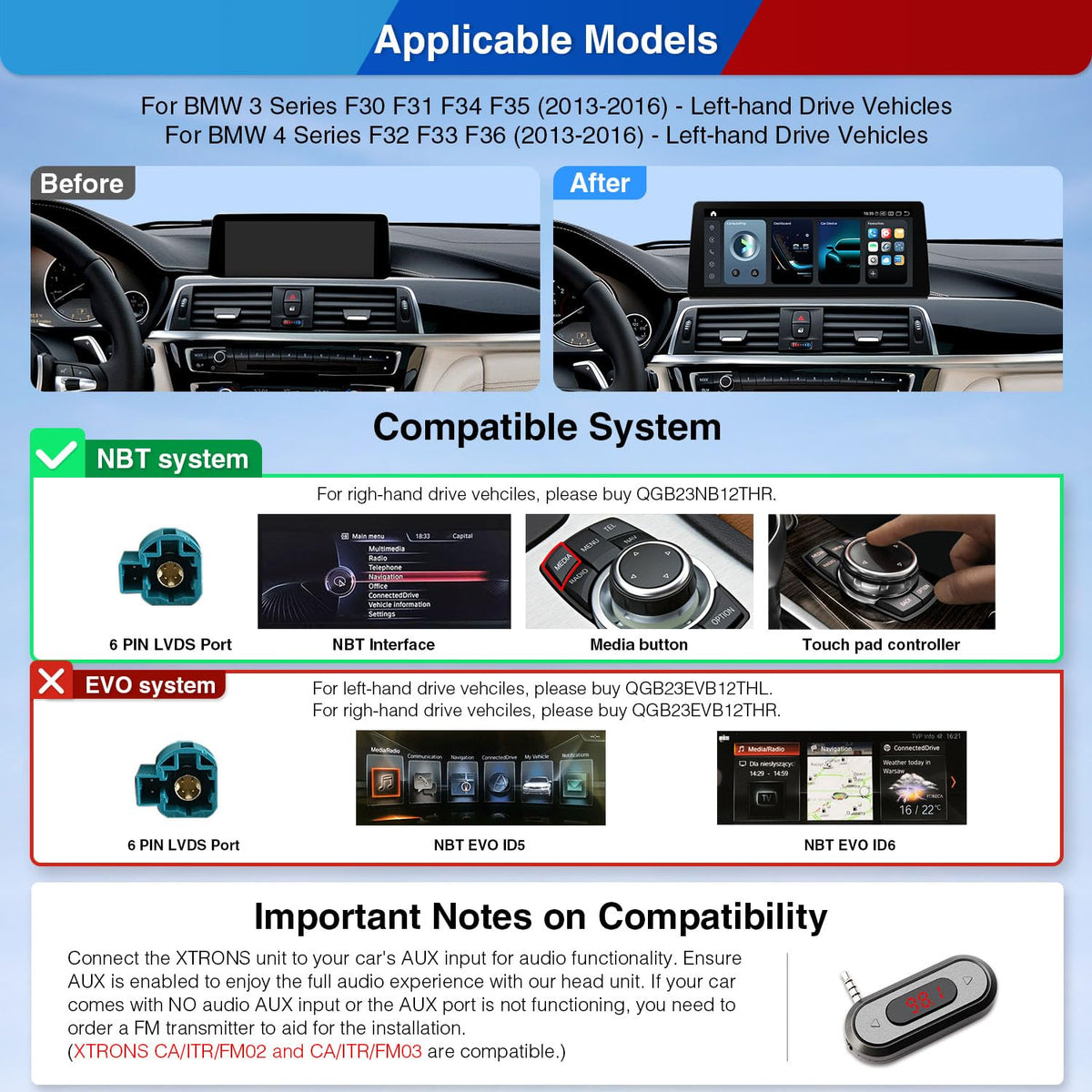 XTRONS 12.3 Inch Android 14 Snapdragon 680 Car Stereo for BMW F30/F31/F32/F33/F34/F35/F36 (2013-2016) NBT iDrive 4.0, IPS Touch Screen 8+128GB Car Radio GPS Navigation Wireless CarPlay Android Auto