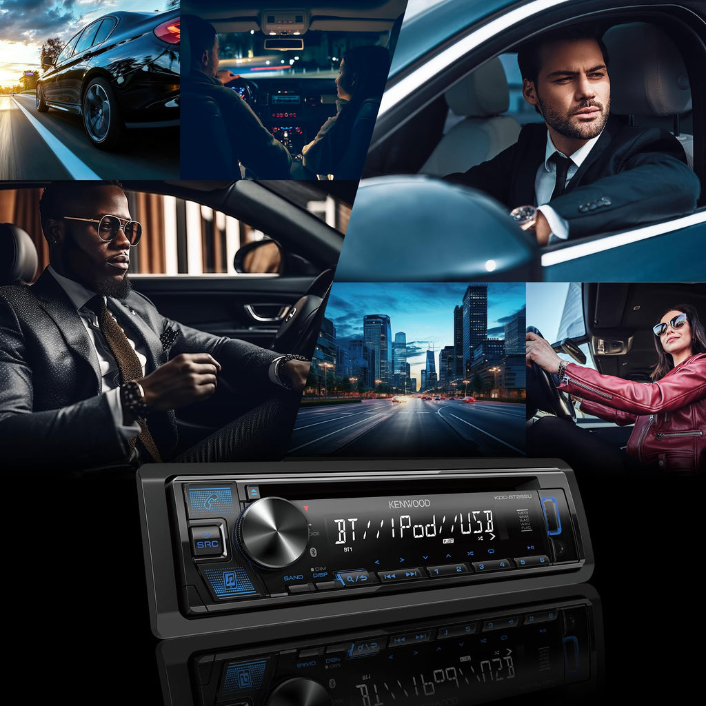 KENWOOD KDC-BT282U CD Car Stereo - Single Din, Bluetooth Audio, USB MP3, FLAC, Aux in, AM FM Radio, Detachable face with White 13-Digit LCD Display and Blue Button Illumination