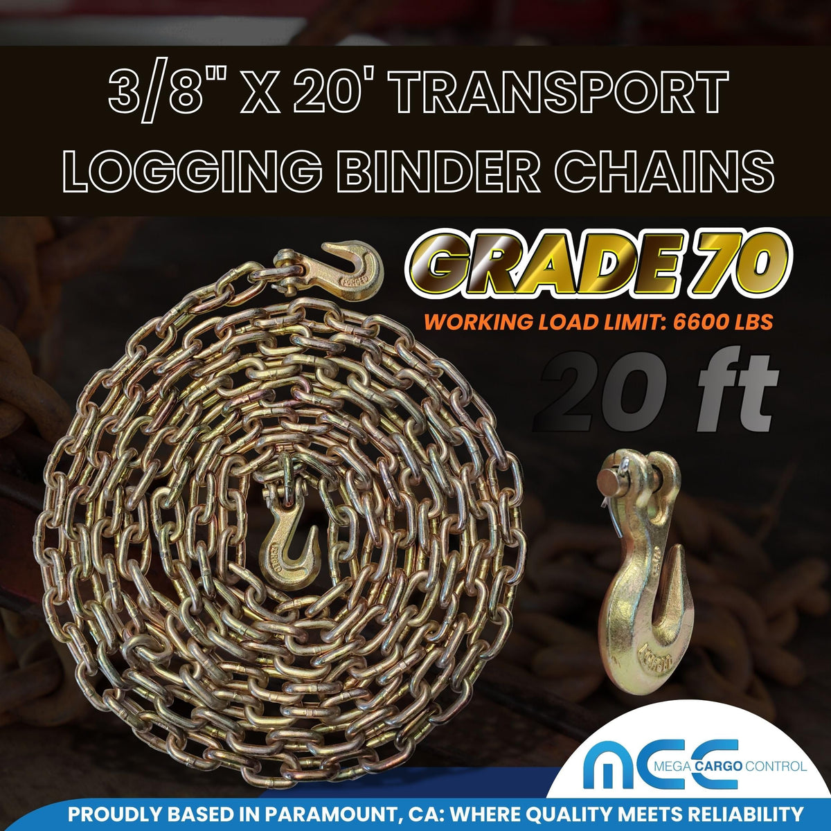 Transport Binder Chains 50 Pack, 3/8" x 20 Ft Heavy Duty Logging Tie Downs with G70 Clevis Grab Hooks