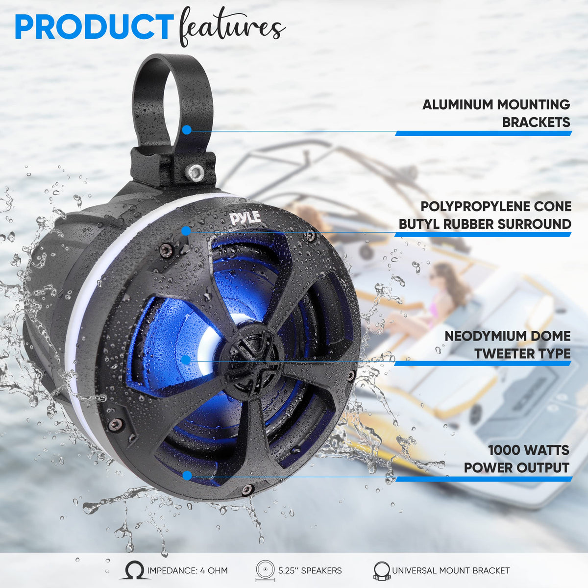 Pyle 1000W Amplified Off-Road Audio System with RGB Lighting, Bluetooth Streaming & Universal Mounts - Waterproof Bluetooth Speaker with Dual 5.25 Marine Speakers for ATV & UTV Use