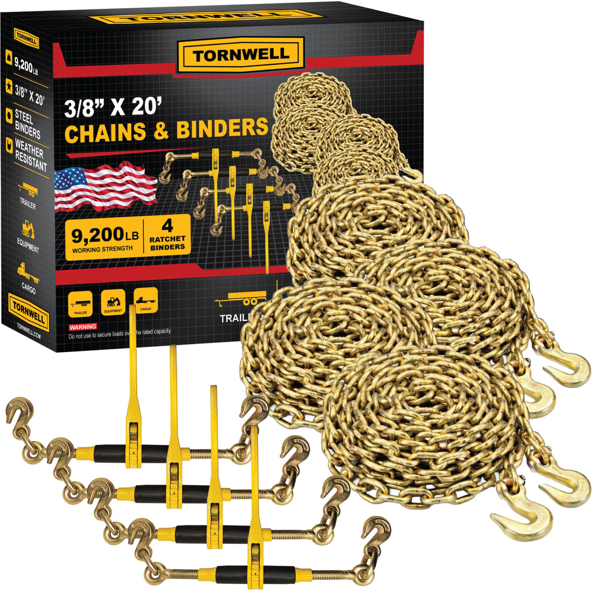 20ft Chain and Binder Kit 3/8in-1/2in, G70 Chains Ratchet Load Binders 9200lbs Working Strength, (4) Ratchet Binders and Chains, (4) 3/8in x 20ft G70, for Truck, Tie Down, Hauling, Towing