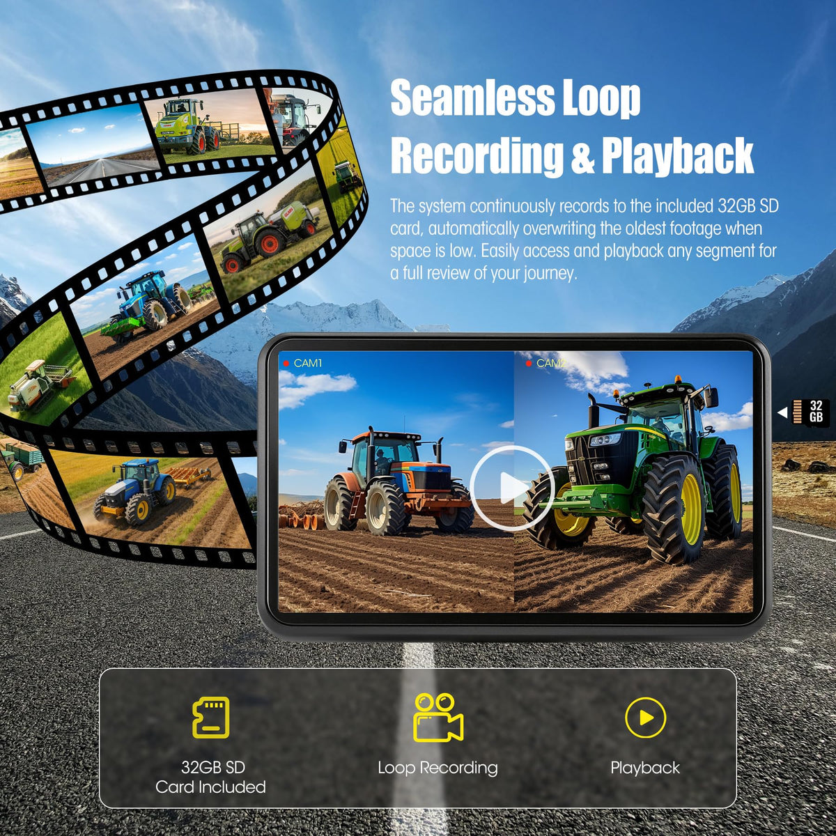 10.1" DVR IPS Touchscreen & 2 AHD Wired Backup Cameras, IP69K Water/Dust Proof Rear Camera, 1080P Quad Split Screen & 20G Vibration-Proof Camera for Hitching, Farm Work, UTV, Tractor, Trailer