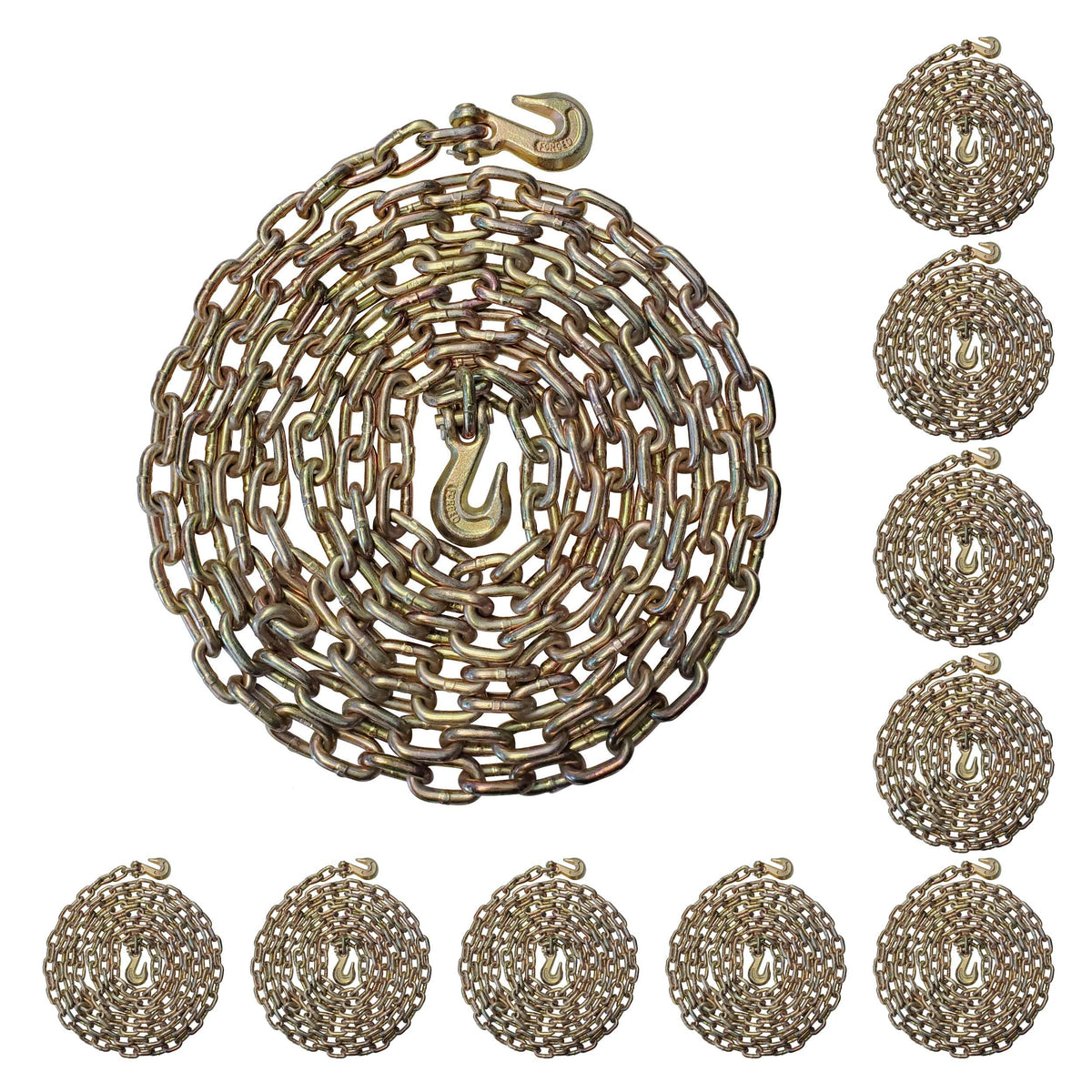 Transport Binder Chains 50 Pack, 3/8" x 20 Ft Heavy Duty Logging Tie Downs with G70 Clevis Grab Hooks