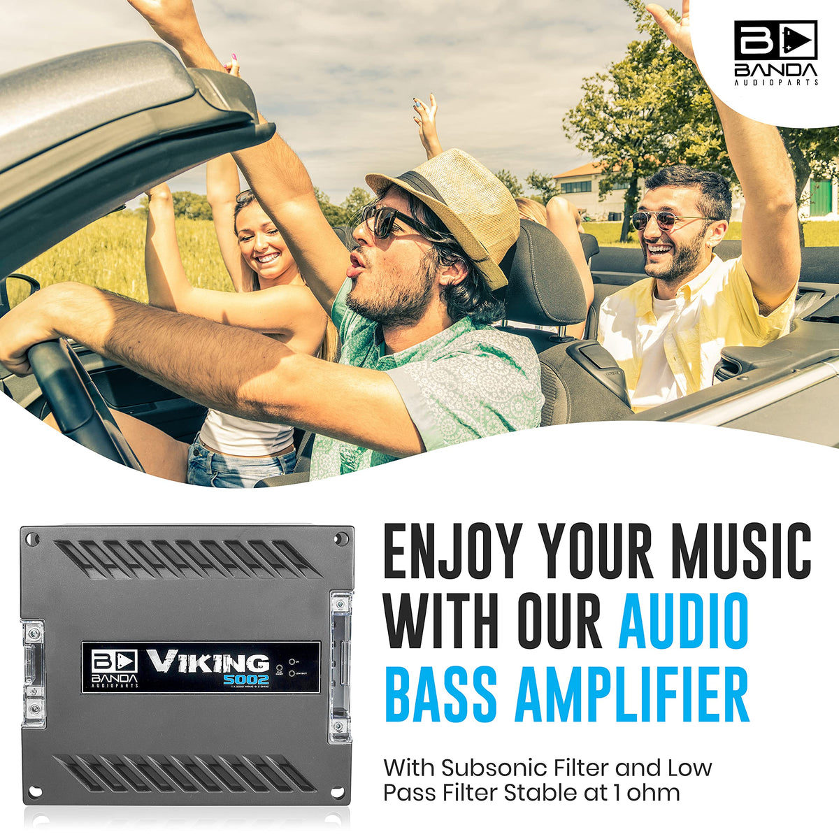 Banda 1-Channel Vehicle Audio Bass Amplifier - High-Powered Mono Bass Amplifier w/Subsonic Filter and Low Pass Filter Stable at 2 ohm, LED Indicators, Sound Specialization - VIKING5002