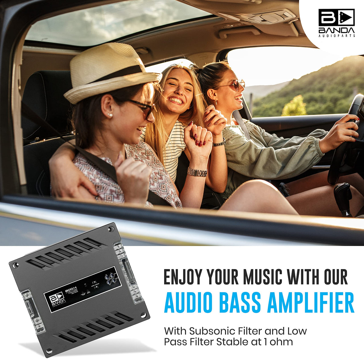4-Channel Vehicle Audio Amplifier - 200 WRMS High-Powered Mono Amplifier w/Subsonic Filter and Low Pass Filter Stable at 1 ohm, LED Indicators, Sound Specialization - Banda 800.41OHM